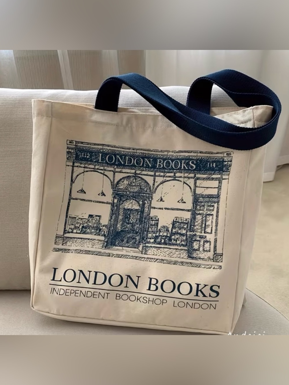 London Books Canvas Tote in Cream with Navy Print